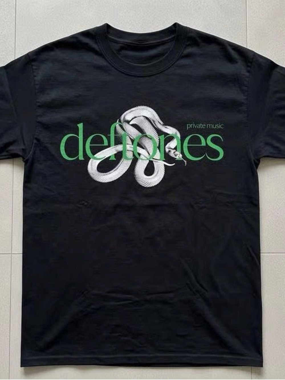 Deftones Black T-Shirt with White Snake Graphic and Green Logo